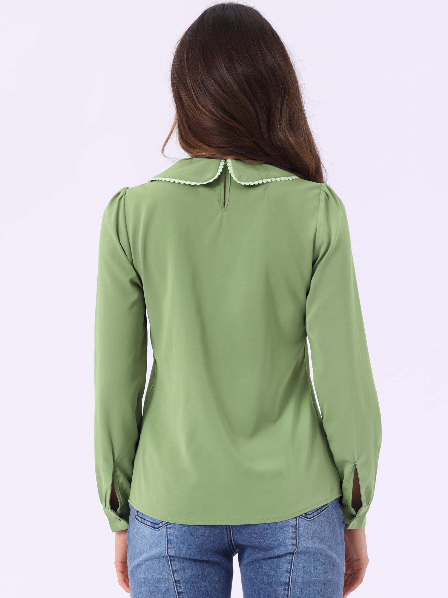 DARING DIVA Women's Peter Pan Collar Button Chiffon Blouse S Dusty Green