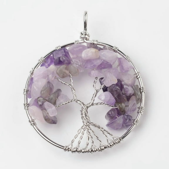 Tree of Life Natural Amethyst Big Pendants with Brass Findings Platinum 63~65x49~51x8~10mm Hole: 8~10mm 1pc