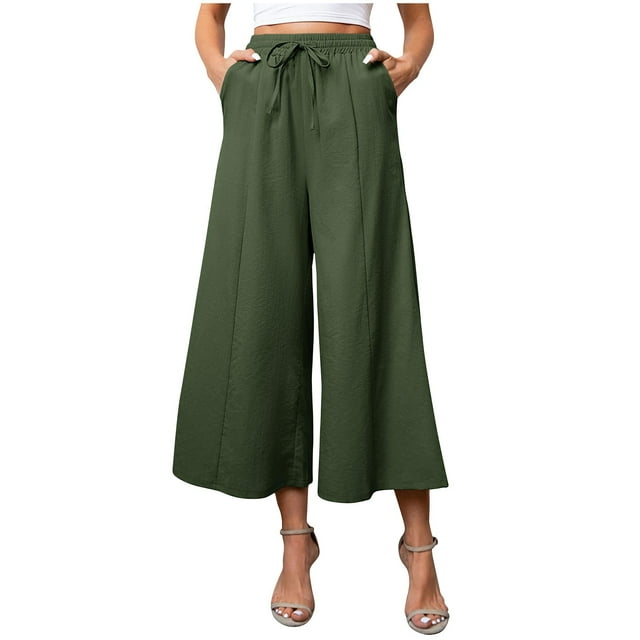 Yuyuzo Wide Leg Pants for Women Summer Drawstring High Waist Solid Color Capri Trousers with Pockets
