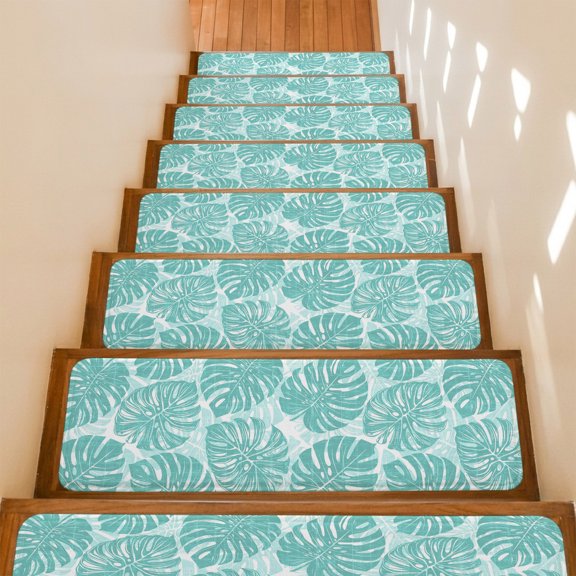 Teal Leaf Stair Treads Non Slip for Steps Tropical Country Watercolor Jungle Botanical Leaves 7 Pcs Reusable Adhesive Stair Runner Mats for Dogs Elders Carpet Treads Rugs for Staircase 8x30 In