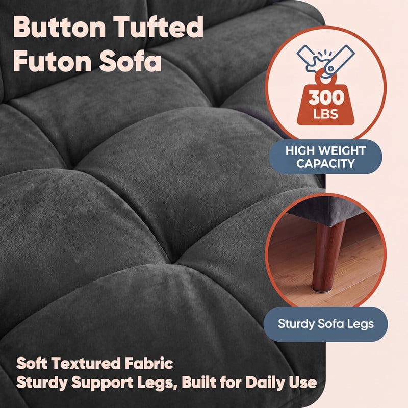 Lacoo Convertible Futon Sofa Bed, 2-Seat Adjustable Upholstered Couch, Gray