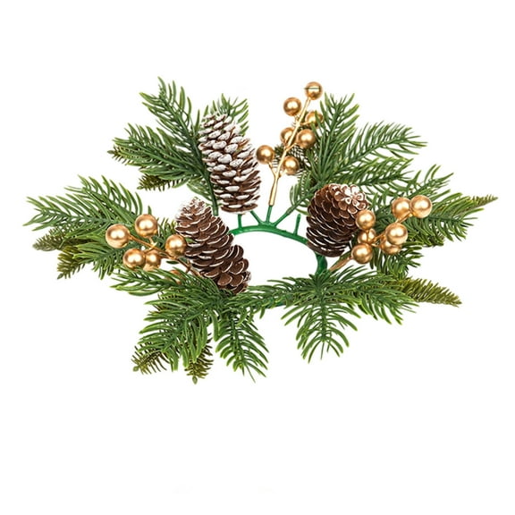 Beautynvta Christmas Candle Ring Wreath, 12.6'' Artificial Pine Needles Wreath with Pinecone and Gold Berry, Xmas Candlestick Wreath for Home Table Centerpiece Indoor Decor