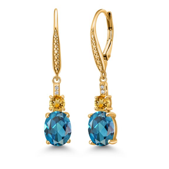 Gem Stone King 18K Yellow Gold Plated Silver London Blue Topaz and Yellow Citrine Dangle Earrings for Women with Lab Grown Diamond (5.04 Cttw, Oval 9X7MM)