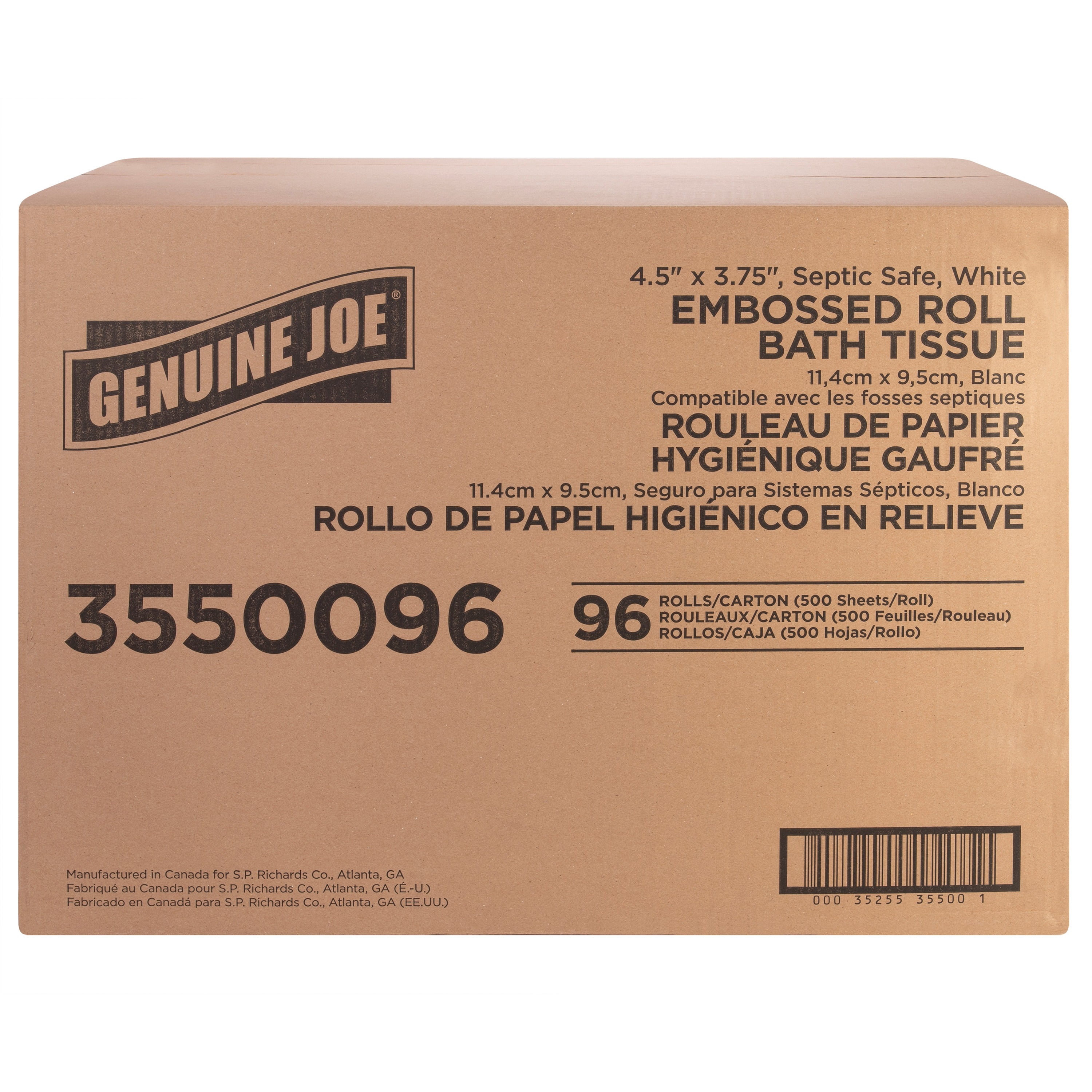 Genuine Joe 2-ply Bath Tissue - 2 Ply - 4.50" X 3" - 500 Sheets/roll - White - Fiber - Perforated, Absorbent, Soft - For Bathroom, Restroom - 96 / Carton