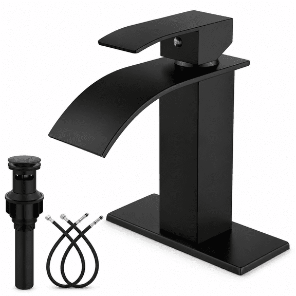 Black 1 Hole Matte Black Waterfall Bathroom Faucet with Pop Up Drain and 24" Hoses