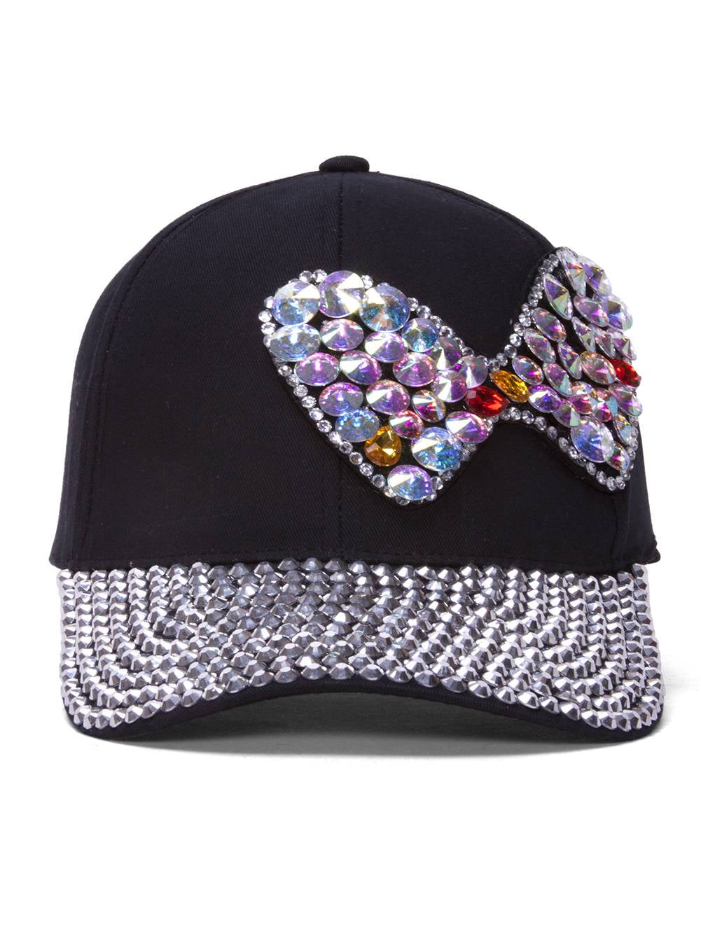 Womens Sequined Baseball Cap w/ Bow Black