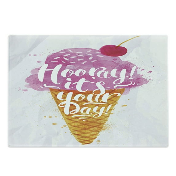 Ice Cream Cutting Board, Hooray! Its Your Day Phrase with Ice Cream Cone Cherry Flavor Print, Decorative Tempered Glass Cutting and Serving Board, Large Size, Fuchsia Amber Pearl, by Ambesonne