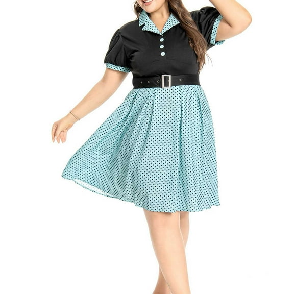 Jinhomg Womens Plus Size Party Dress Retro 1950S Polka Dot Midi Dresses Lightweight Comfy Short Sleeve Button Up Cocktail Dress Evening Prom Dress Light Blue XXXXL