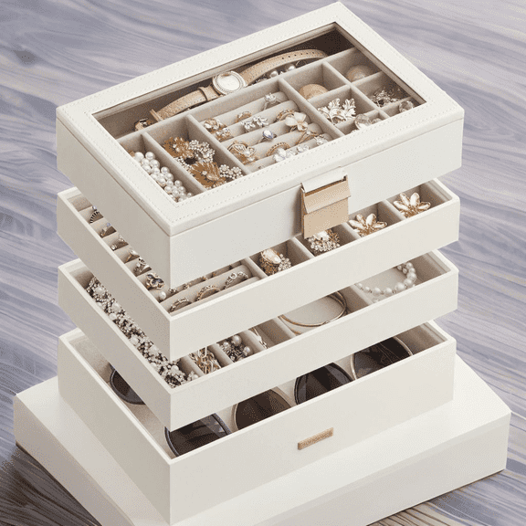 4-Tier Stackable Jewelry Trays, Cloud White, Glass Lid, Removable Dividers,  Vanity Table Organizer