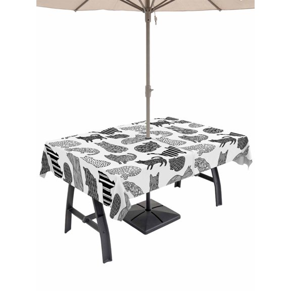 Outdoor Tablecloth with Umbrella Hole for Patio/Picnic/Party/Camping, Black White Cat Waterproof Table Cloth Rectangle Table Cover Washable, Modern Striped Geometric Abstract (60"x 84")