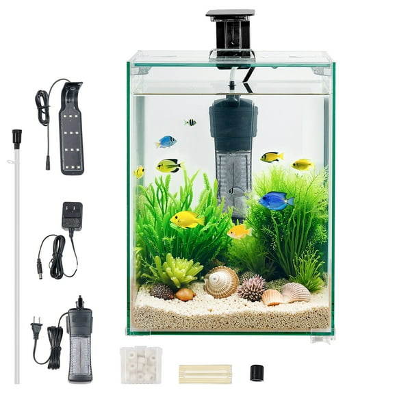 KFFKFF Fish Tank Aquarium, 5 Gallon Square Ultra-Clear Glass Starter Smart Tank Adjustable 3 Color Lighting, Self Cleaning System Fishbowl for Freshwater & Saltwater Fish Home, Office, or Pet Use