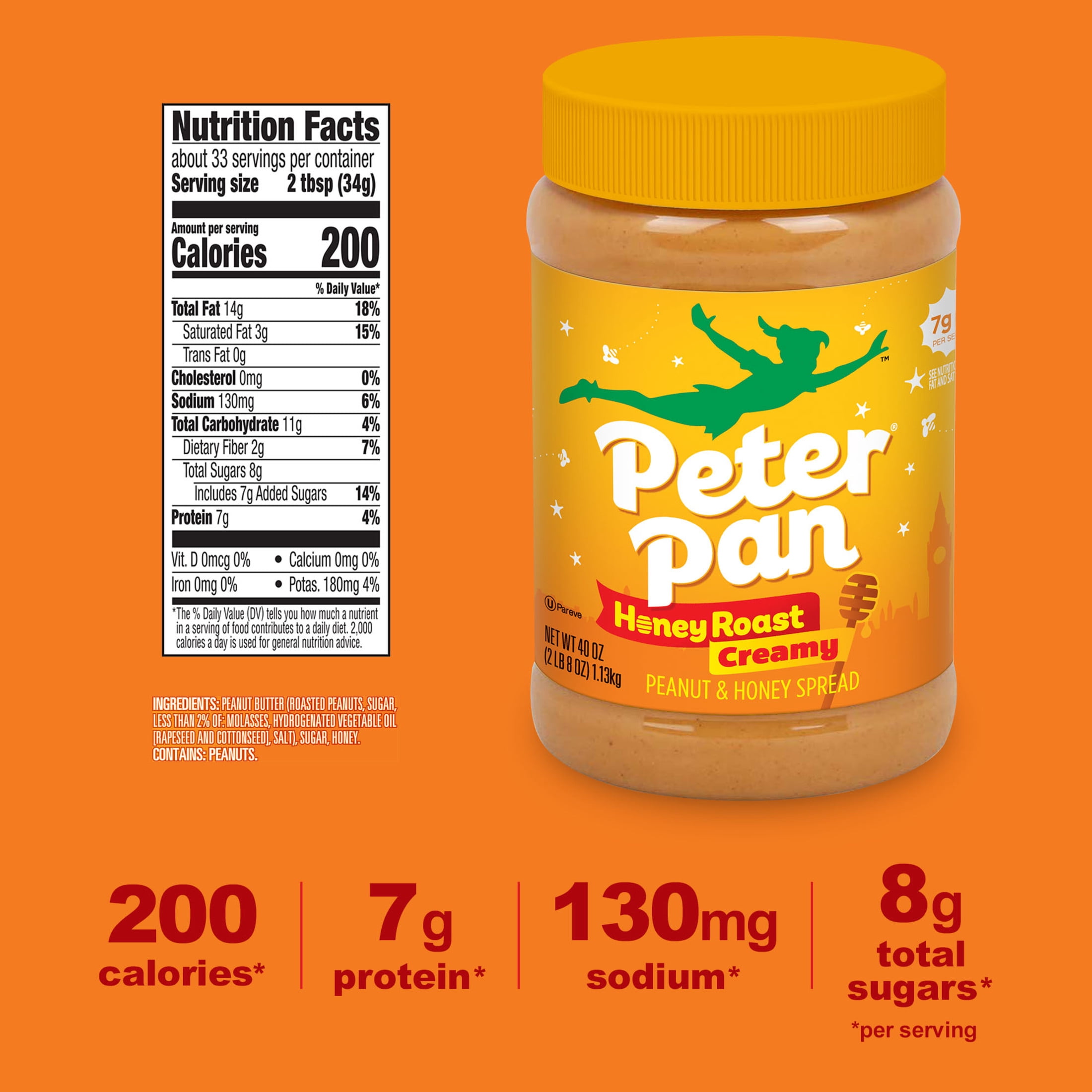 (6 pack) Peter Pan Creamy Honey Roasted Peanut Butter, Smooth, Gluten-Free, 40 oz Jar