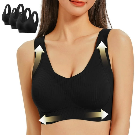3 Pack Seamless Bras For Women No Underwire Wide Shoulder Strap Bralettes Plus Size Push Up Comfortable Everyday Bra (XL, Black*3)