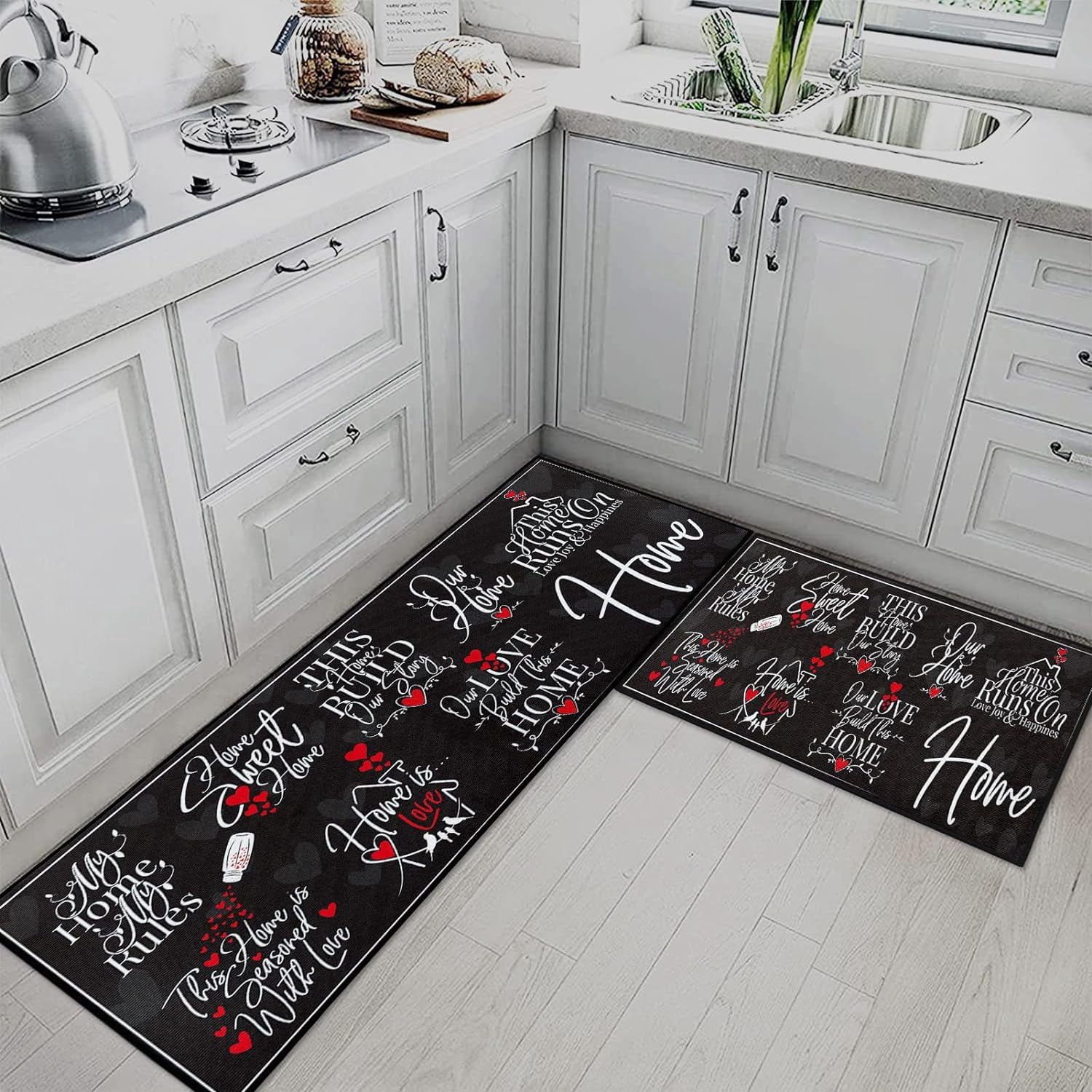 Black Kitchen Rugs and Mats Non Skid Washable Set of 2, Red Love Heart Kitchen Mats for Floor, My Sweet Home Kitchen Runner Rug, Modern Phrase Doodle Kitchen Decor