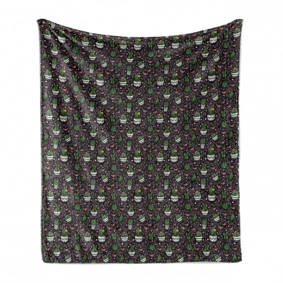 Cactus Soft Flannel Fleece Blanket, Geometrical Design with Flowering Succulent Exotic Plants in Flower Pots and Hearts, Cozy Plush for Indoor and Outdoor Use, 60" x 80", Multicolor, by Ambesonne