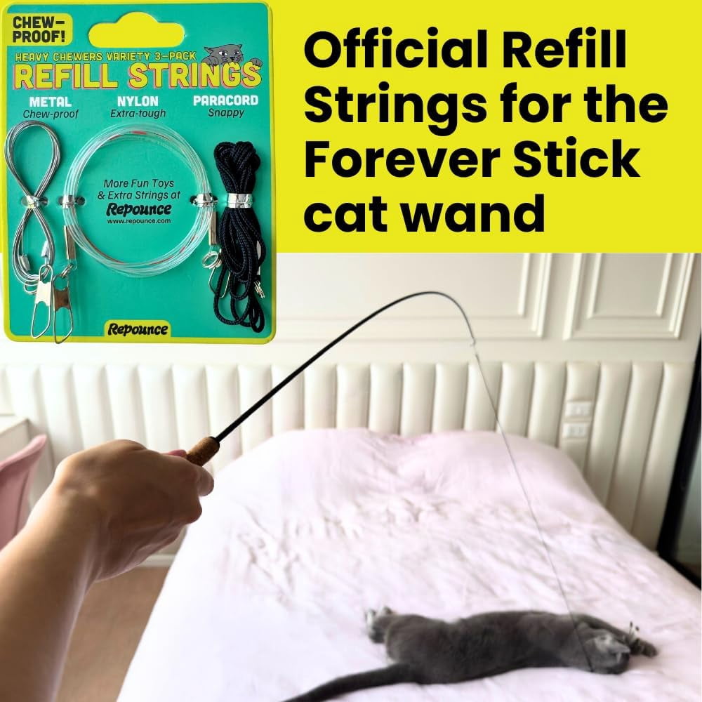 3-Pack Cat Toy Wand Replacement Strings, Chew Proof Metal Wire Nylon Fishing Line Refill for Cat Stick Toy