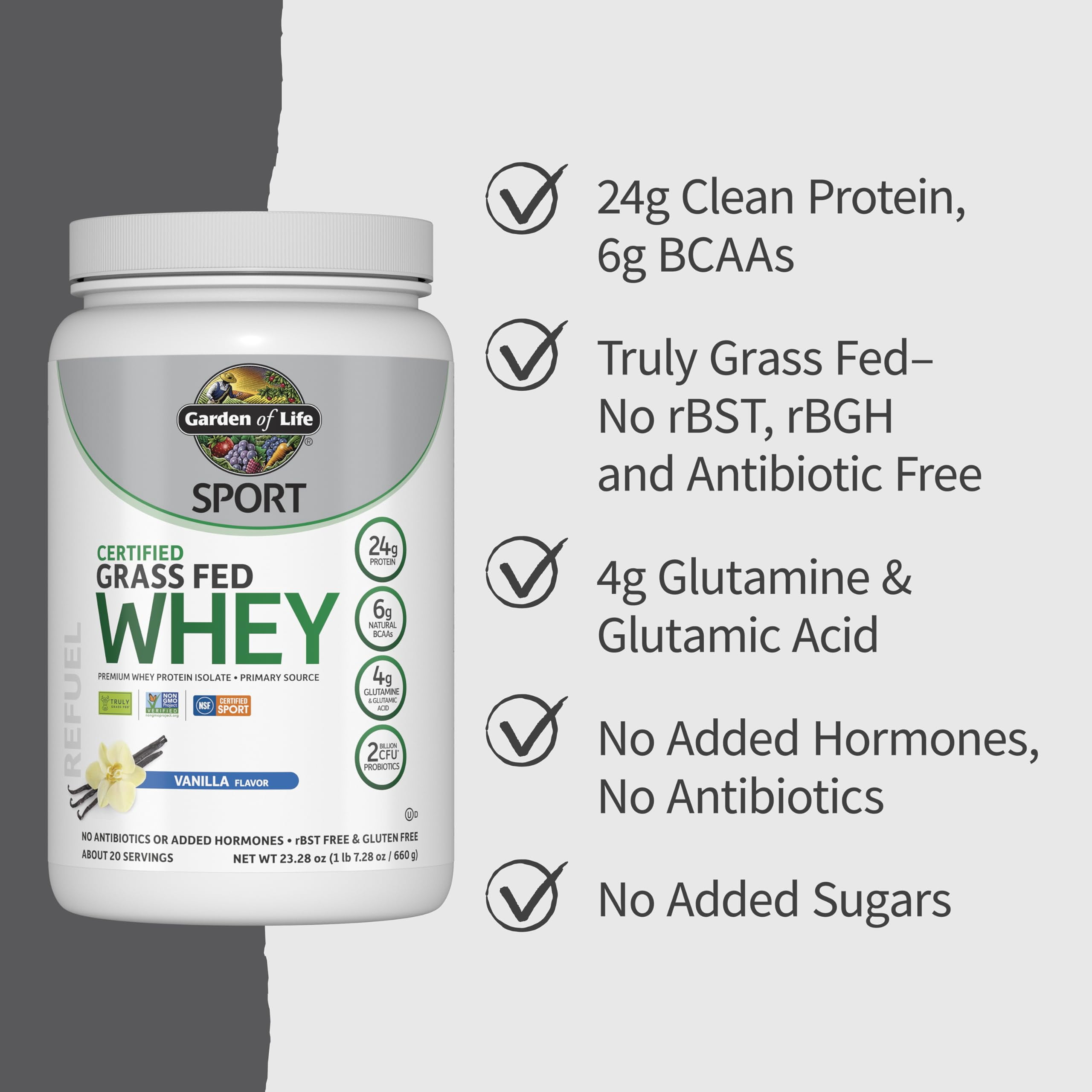Garden of Life SPORT Certified Grass Fed Whey, Vanilla, 20 Servings
