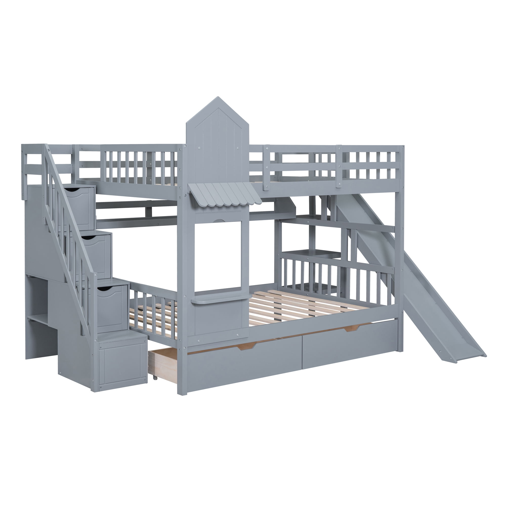 Full over Full Bunk Bed for Kids, Castle Style Bunk Beds with 2 Drawers, Slide and Storage Shelves, Solid Wood Bunk Bed Frame for Kids Girls Boys Teens