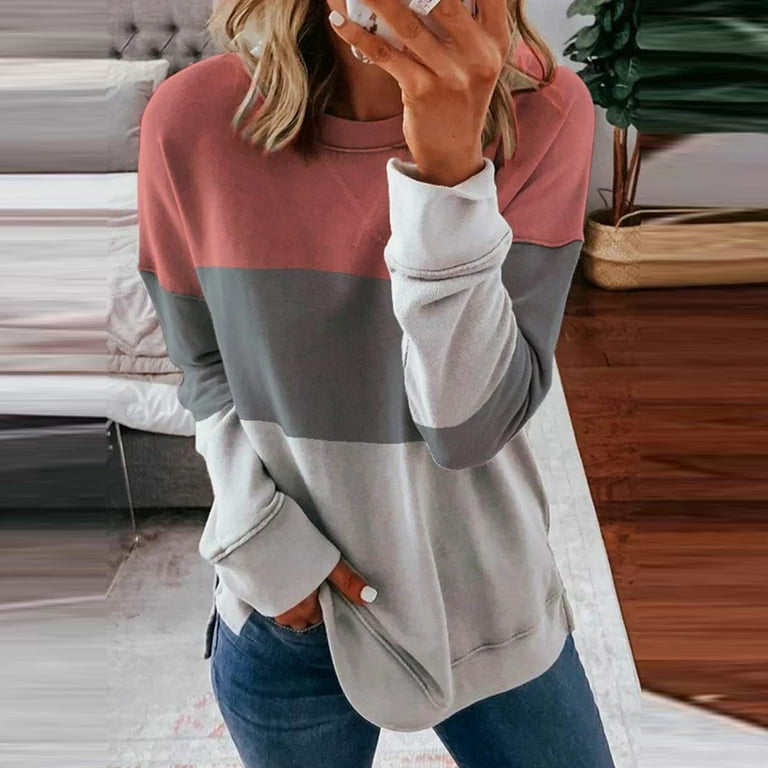 YYDGH Womens Causal Loose Crewneck Sweatshirt Plus Size Long Sleeve Striped  Pullover Tops Loose Color Block Side Slit Winter Clothes(Pink,3XL) 