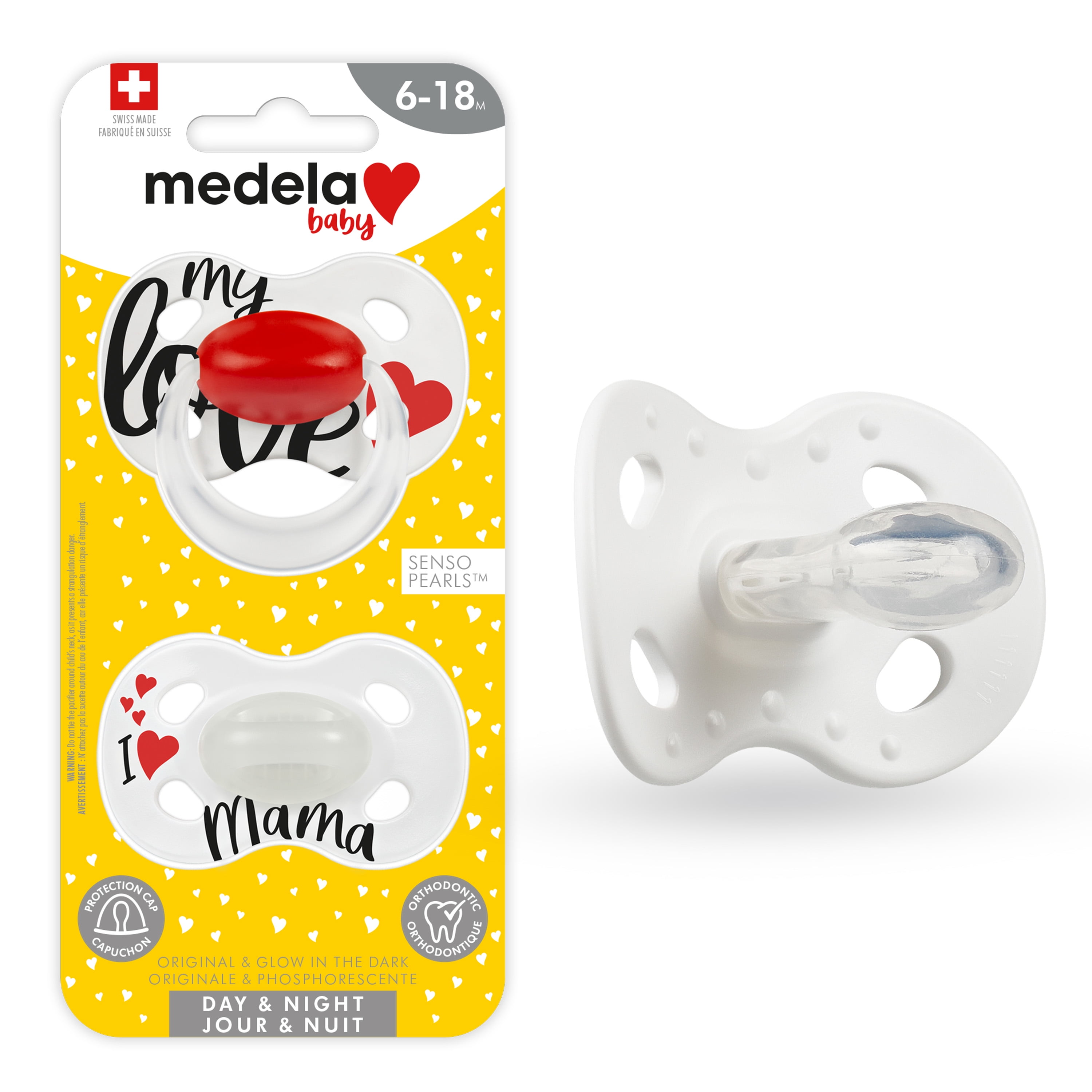 Medela Baby Pacifier, Day and Night Glow in the Dark, 6-18 Months with Sterilizing Case, 2-Pack, Lightweight, BPA-Free
