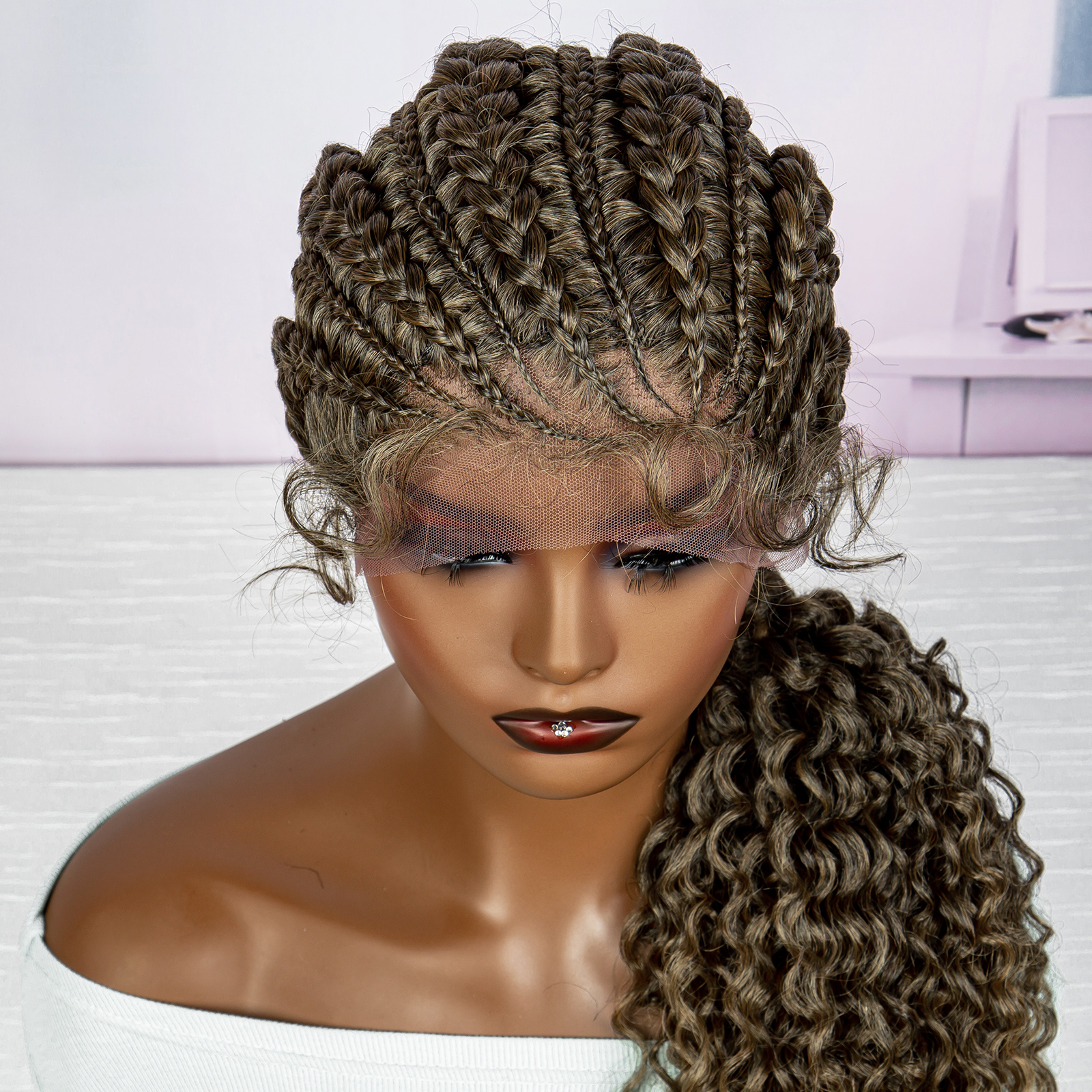 28 Inches Lace Frontal Synthetic Braided Wigs Lace Front Braided Ponytail Wig Natural Knotless with Baby Hair for Black Women Daily Use (1B/27 Color)