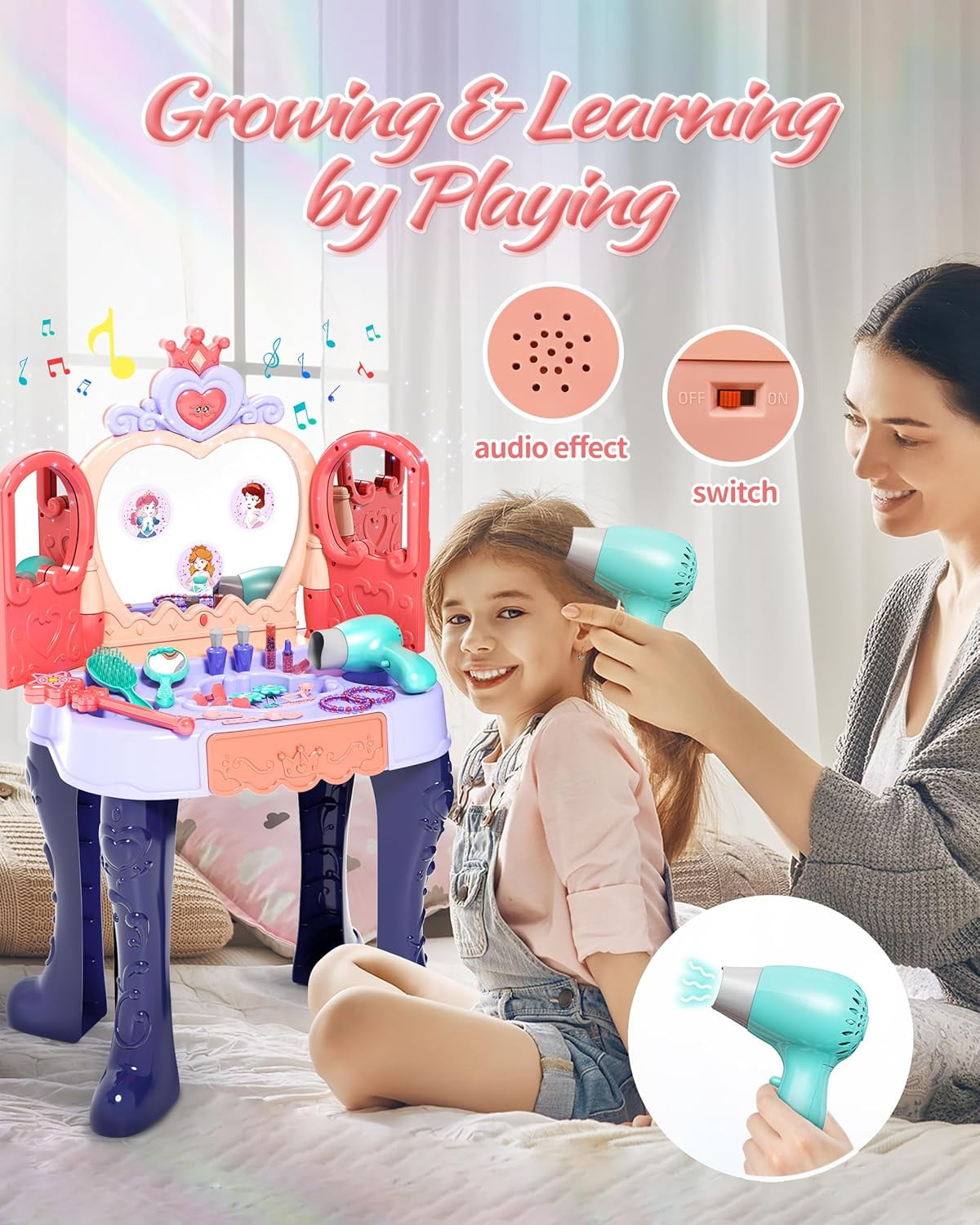 RUVINCE Toddler Vanity Set with Mirror, Chair, Music, Lights, and Accessories for Kids Ages 3-5