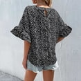 thumbnail image 4 of Women Round Neck T Shirt Leopard Printing Short Ruffle Sleeves Loose Fitting Summer Casual Blouse Black L, 4 of 7
