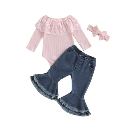 

Infant Baby Girls Outfits 6 9 12 24 Months Rib Frill Romper Denim Bell-Bottoms Headband Set 3pcs Fall Winter Clothes