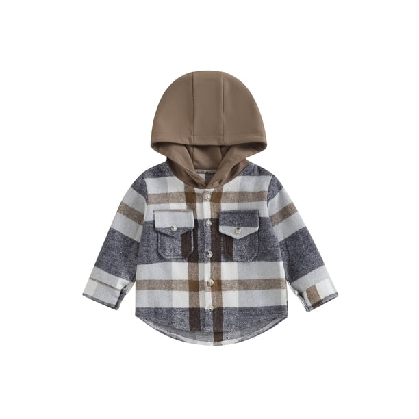 Abrigo casual de otoño para niño con capucha, manga larga, botones, estampado a cuadros y bolsillos.