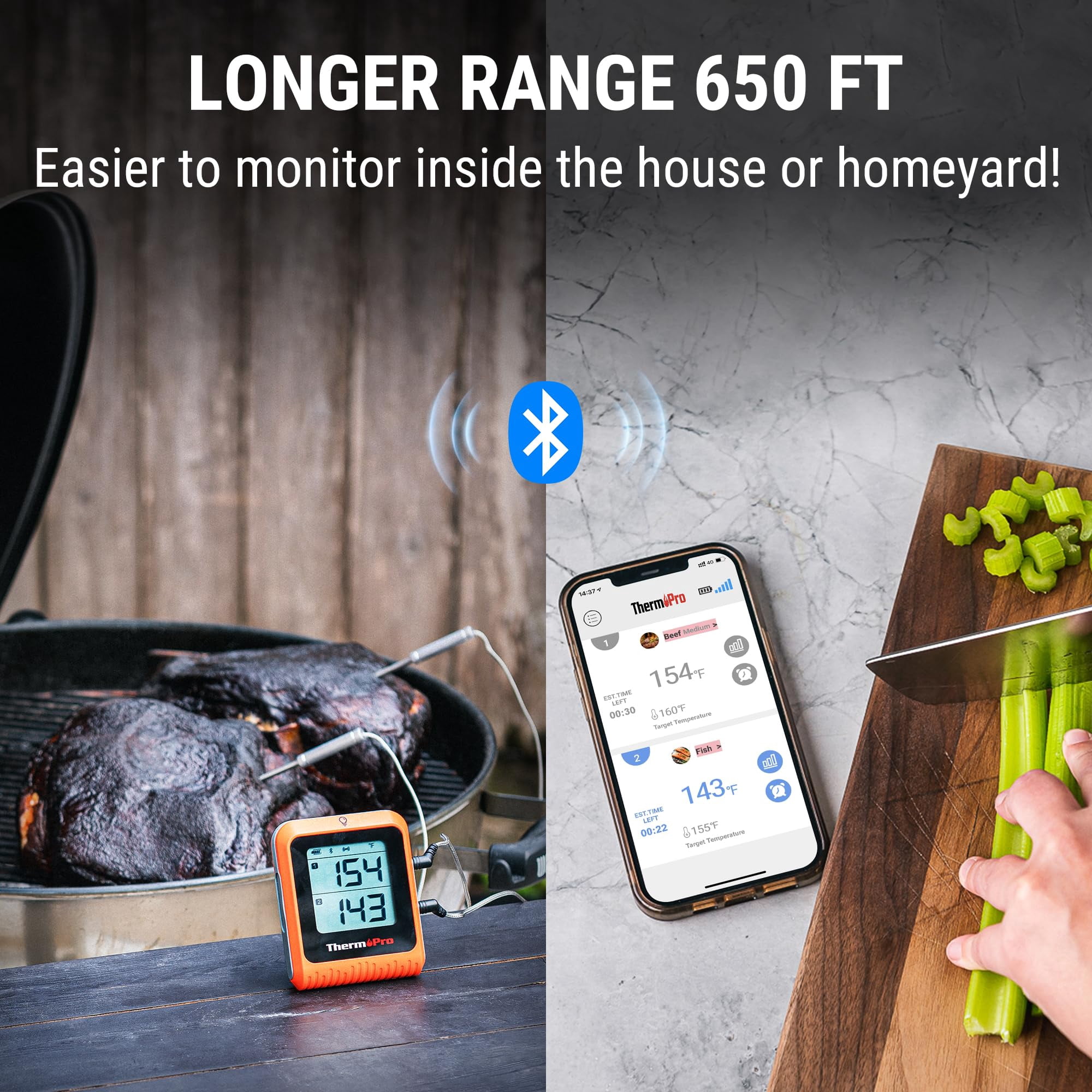 Bluetooth Meat Thermometer 650 ft Range Dual Probe for Grilling Smoking Oven Cooking Turkey Beef Pork, Wireless Digital Food Thermometer, Orange