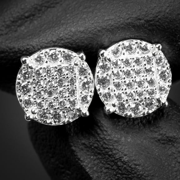 Men's Round Micro Pave Set White Gold Plated Sterling Silver Stud Screw Back Earrings