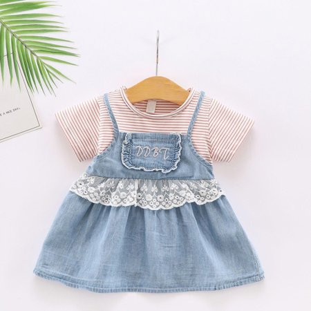 

Tking Fashion Toddler Baby Kids Girls Striped Denim Patchwork Princess Dress Clothes Pink 70
