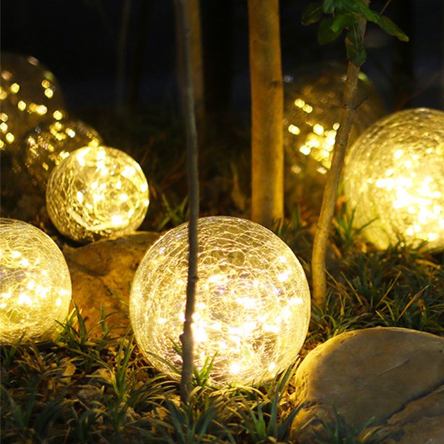 Luces solares de jardín, bola de vidrio agrietada LED blanca cálida impermeable para camino, Patio, césped, decoración al aire libre, 1g