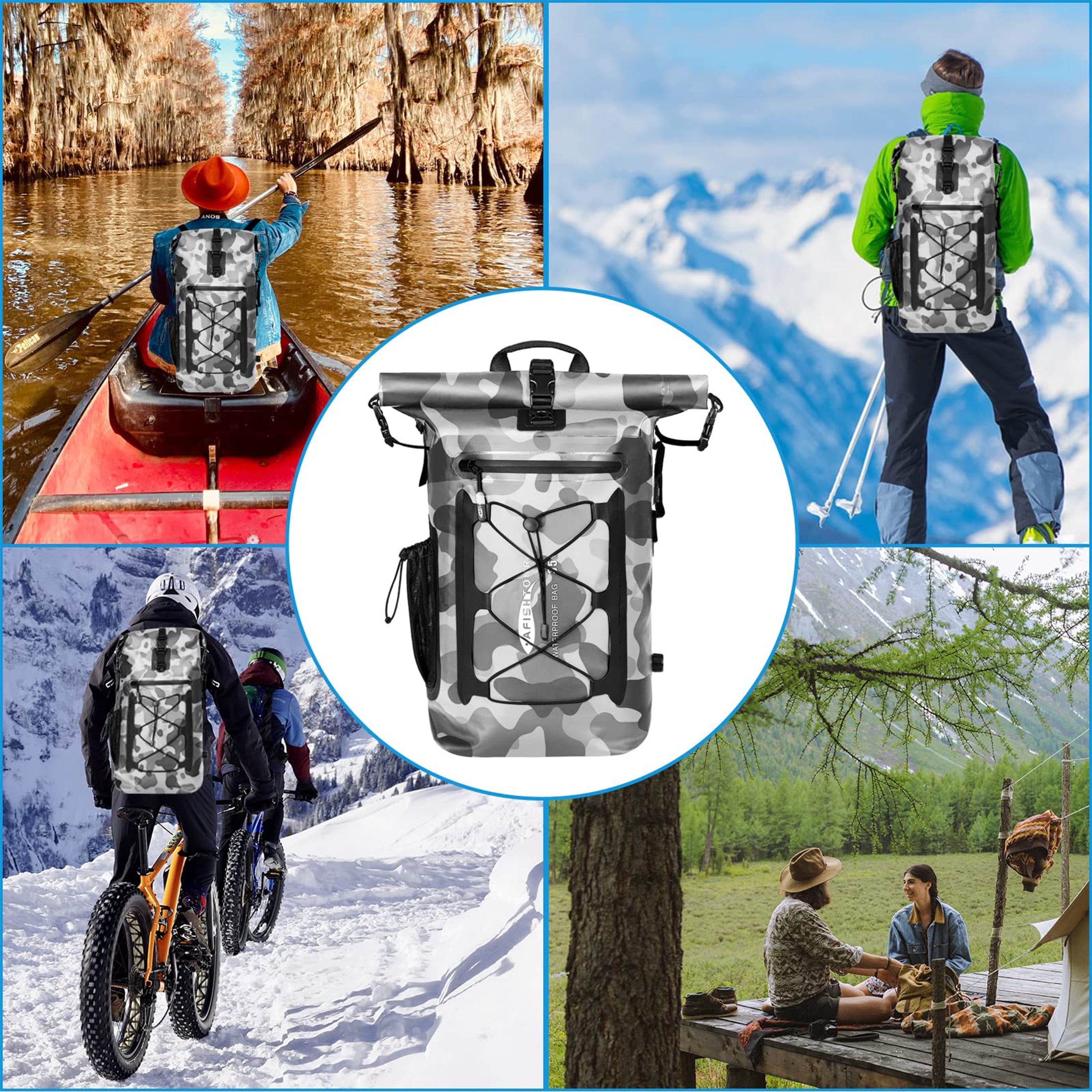 AFISHTOUR Dry Bag Waterproof Backpack, 35L Roll Top Floating Dry Backpack for Kayaking, Hiking, Camping, Travel (Grey)
