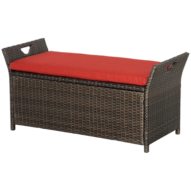 2-In-1 Outdoor PE Rattan Storage Bench, 29 Gallon Patio Wicker Furniture, Basket Box with Handles and Cushion Red