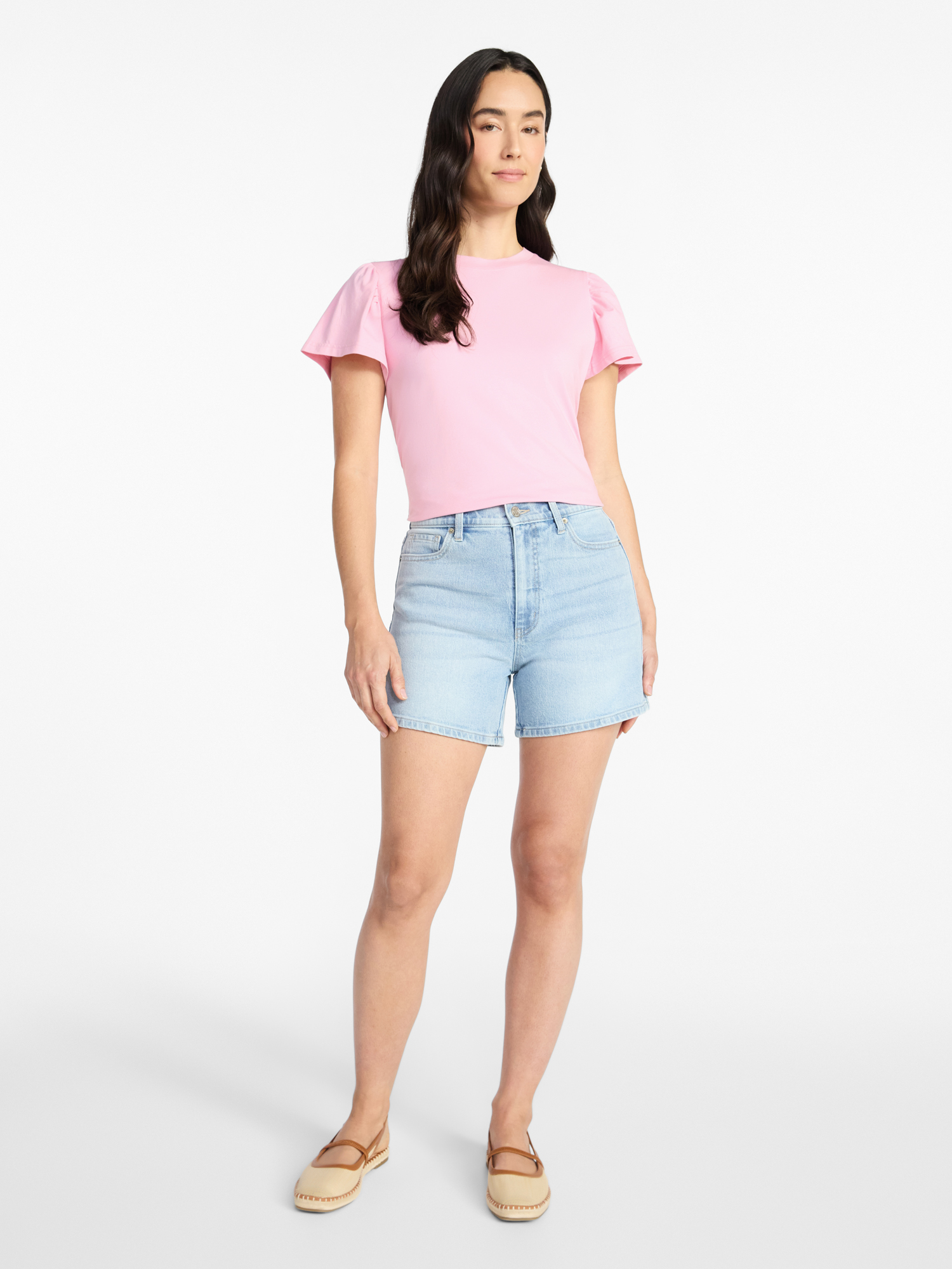 Time and Tru Women's Crewneck Top with Short Flutter Sleeves, Sizes XS-XXXL