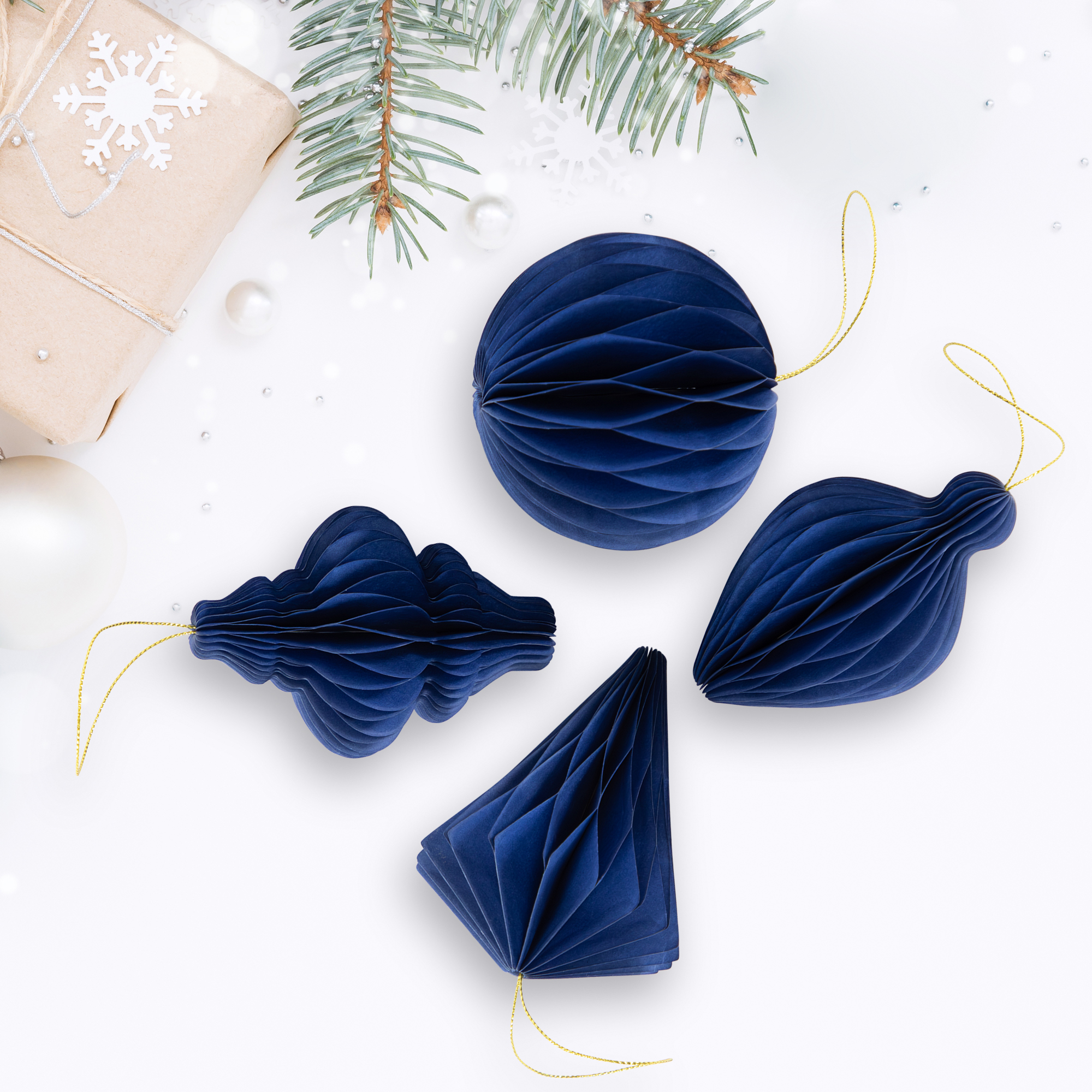 Northlight Accordion Honeycomb Foldable Paper Christmas Ornaments - 4" - Navy Blue - Set of 4