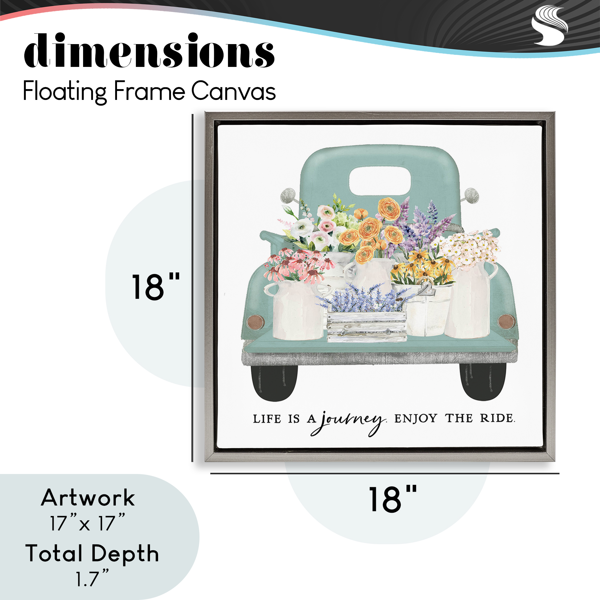 Enjoy Ride Floral Truck Gray Framed Floater Canvas Wall Art, design by Lettered and Lined