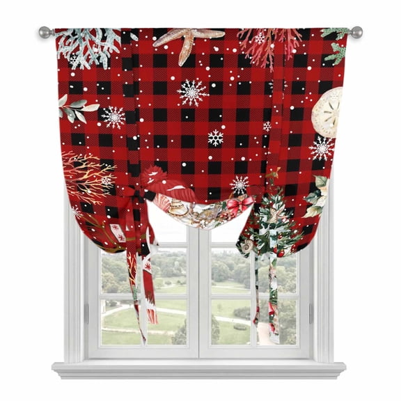 Red Christmas Tie Up Curtains for Windows, Balloon Window Shades, Snowman Xmas Tree Coastal Snowflake Starfish Plaid Kitchen Window Treatments Roll Up Curtain for Basement/Nursery 52"x45"