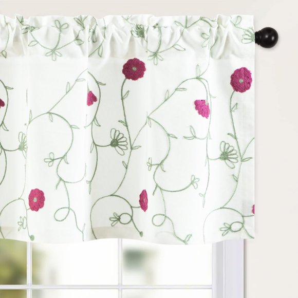 shiyou-Linen Textured Valances for Kitchen, Privacy Protection Embroidered Valances for Bedroom Windows, Vine and Red Floral Rod Pocket Short Drapes with 18 Inch Long, 52 x 18