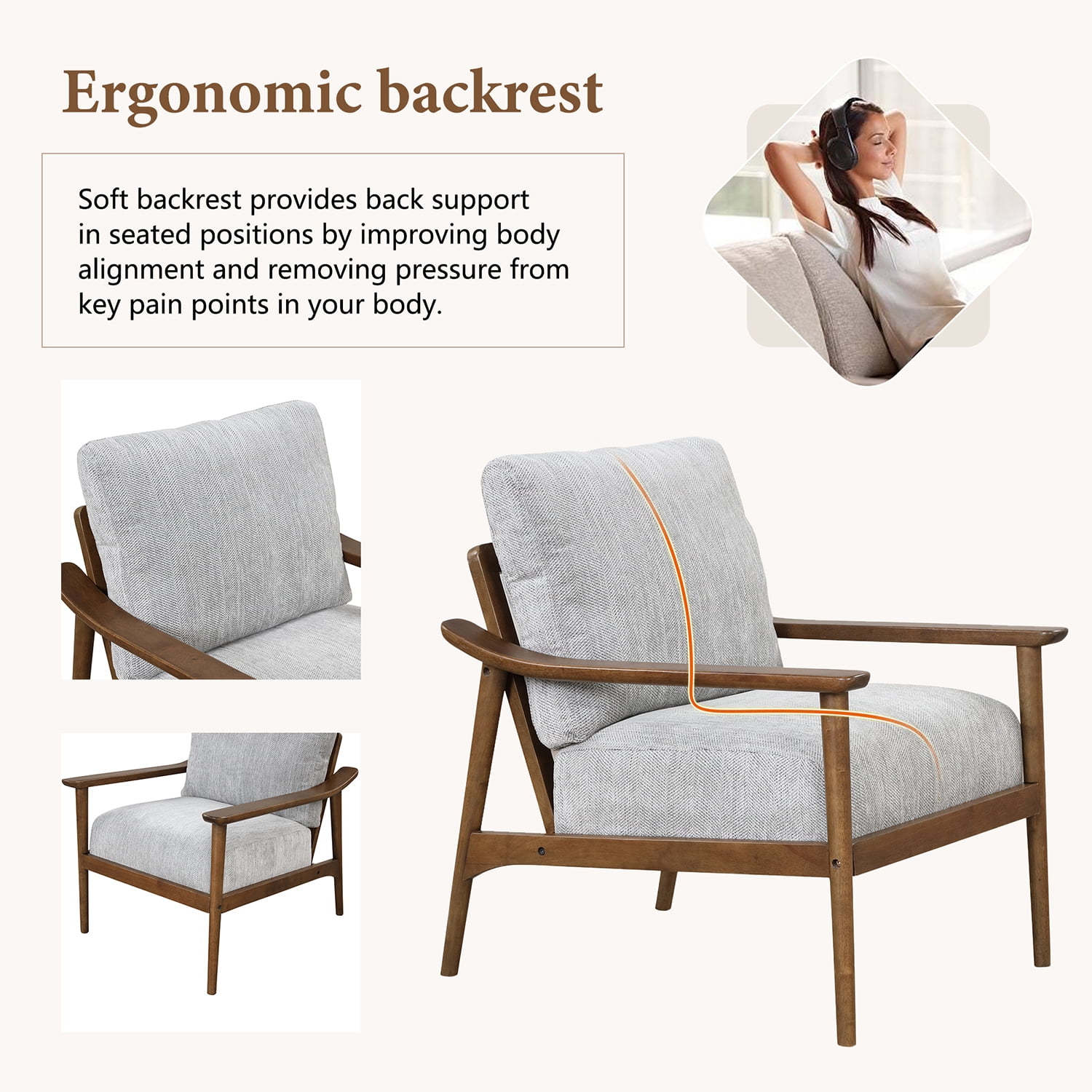 Kadyn Mid Century Modern Chair, Linen Arm Chair with Solid Wood Frame, Thick Pad Upholstered Accent Chair for Living Room, Brown