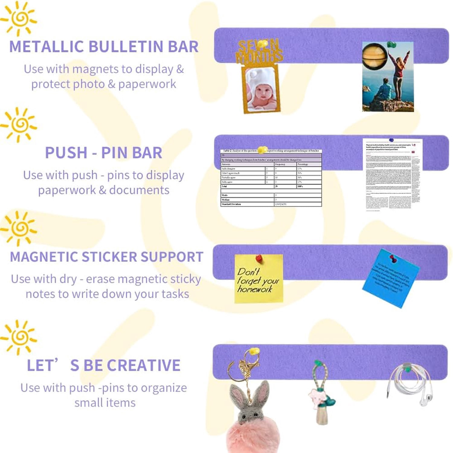 8 pcs Bulletin Board Bar Strips with 50 Pushpins & 10 Wooden Clip pins，Self Adhesive Cork Board for Wall，Felt Pin Board for School，Office Decor(Medium Purple)