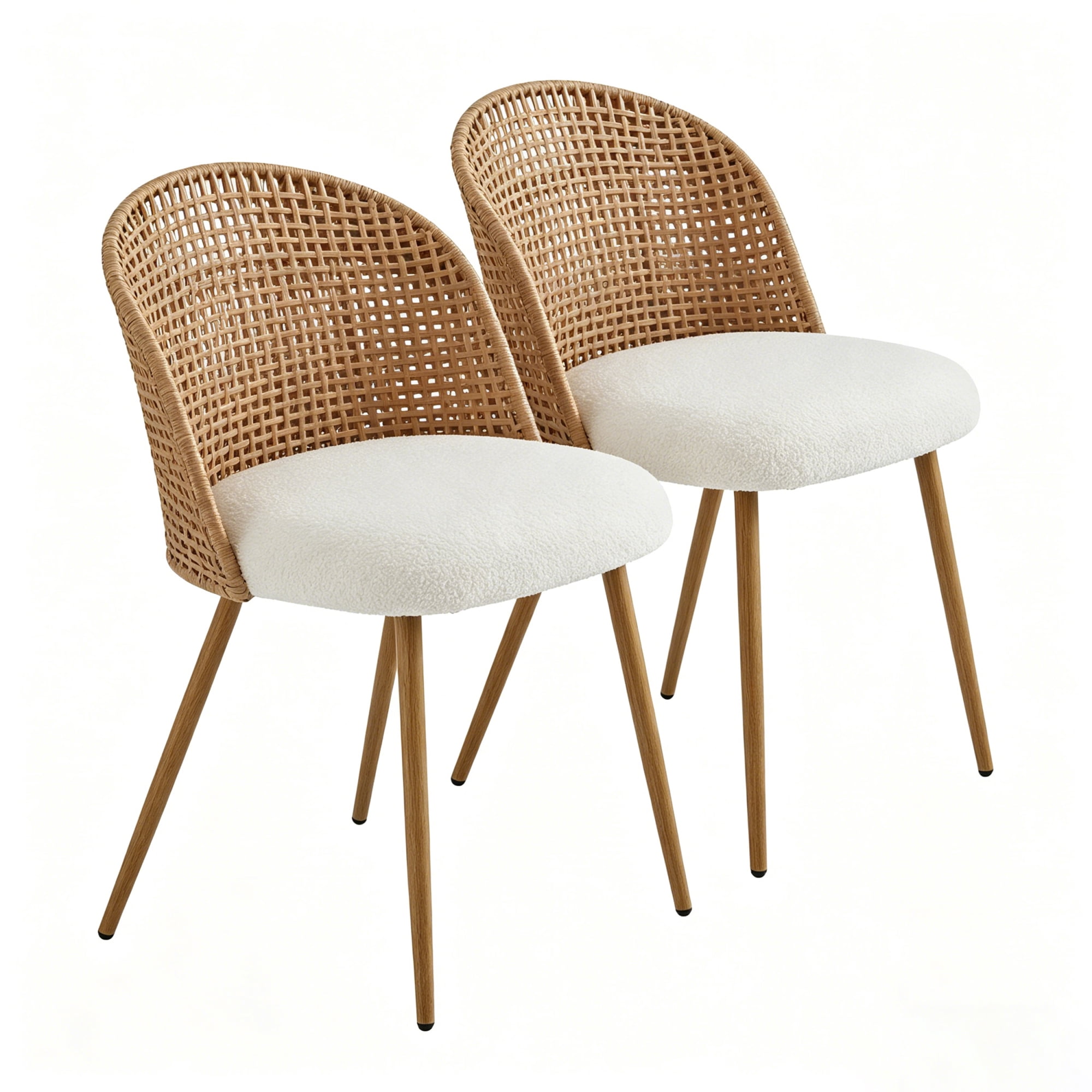 Leumius Set of 2 Wicker Dining Chairs, Farmhouse Soft Cushioned Cane Back Kitchen Chair, Sponge Cushion, Bohemian Style Dining Chair with Metal Legs for Home and Kitchen (Brown)