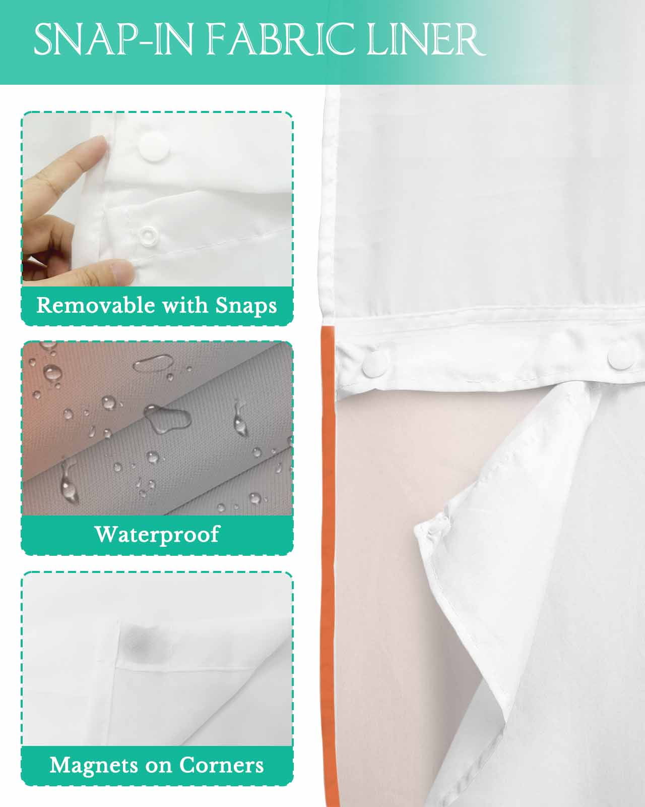 No Hook Shower Curtain with Snap in Liner, Ombre Abstract Gradient Orange and Gray Hotel Shower Curtains for Bathroom, Washable Shower Curtain Liner Set with Mesh Top Window, 72"x96"