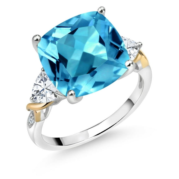 Gem Stone King 925 Silver and 10K Yellow Swiss Blue Topaz and White Moissanite and Diamond Ring for Women (9.25 Cttw, 12MM Cushion and 5mm Trillion) (Size 5)