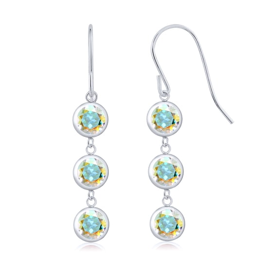 Gem Stone King 925 Sterling Silver Mercury Mist Mystic Topaz 3 Stone French Wire Dangle Earrings for Women (3.30 Cttw, Gemstone Birthstone, Round 5MM)