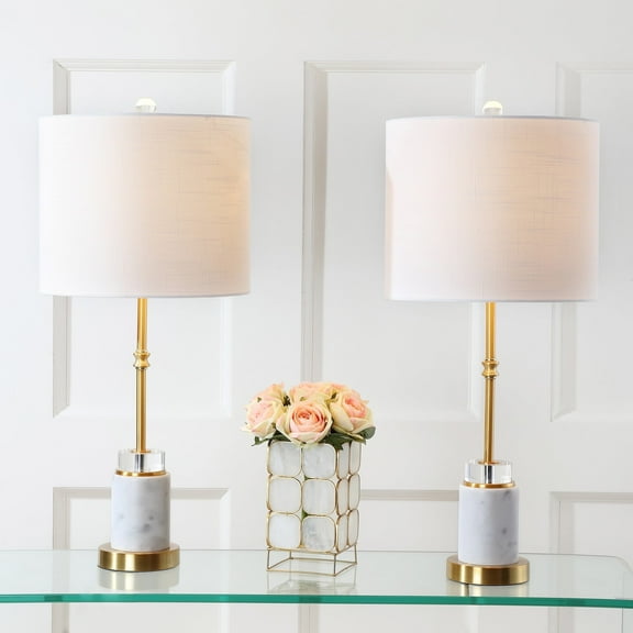 JONATHAN Y Harper 27" Marble/Crystal LED Table Lamp, Brass (Set of 2), JYL5003A-SET2