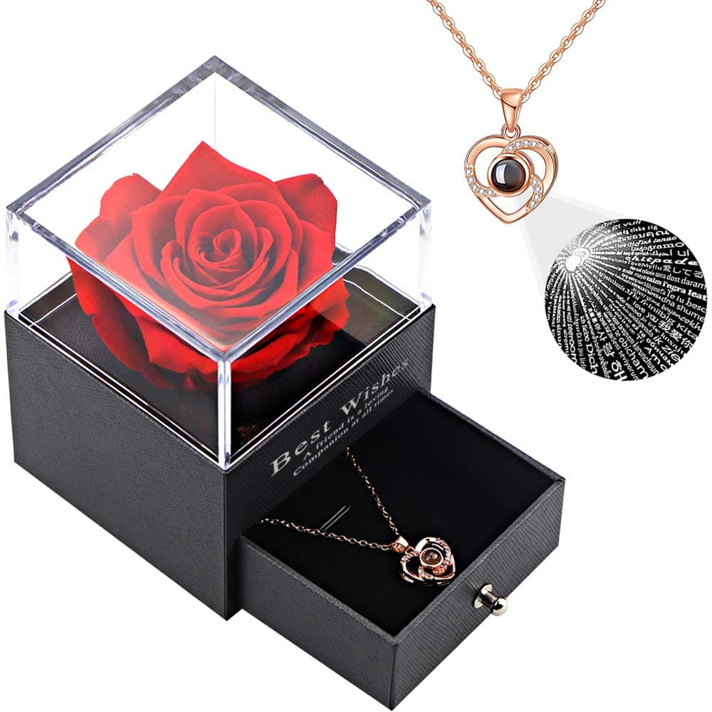 Beautiful Red Rose Flower Jewelry Box with 100 Language "I Love you " Necklace 