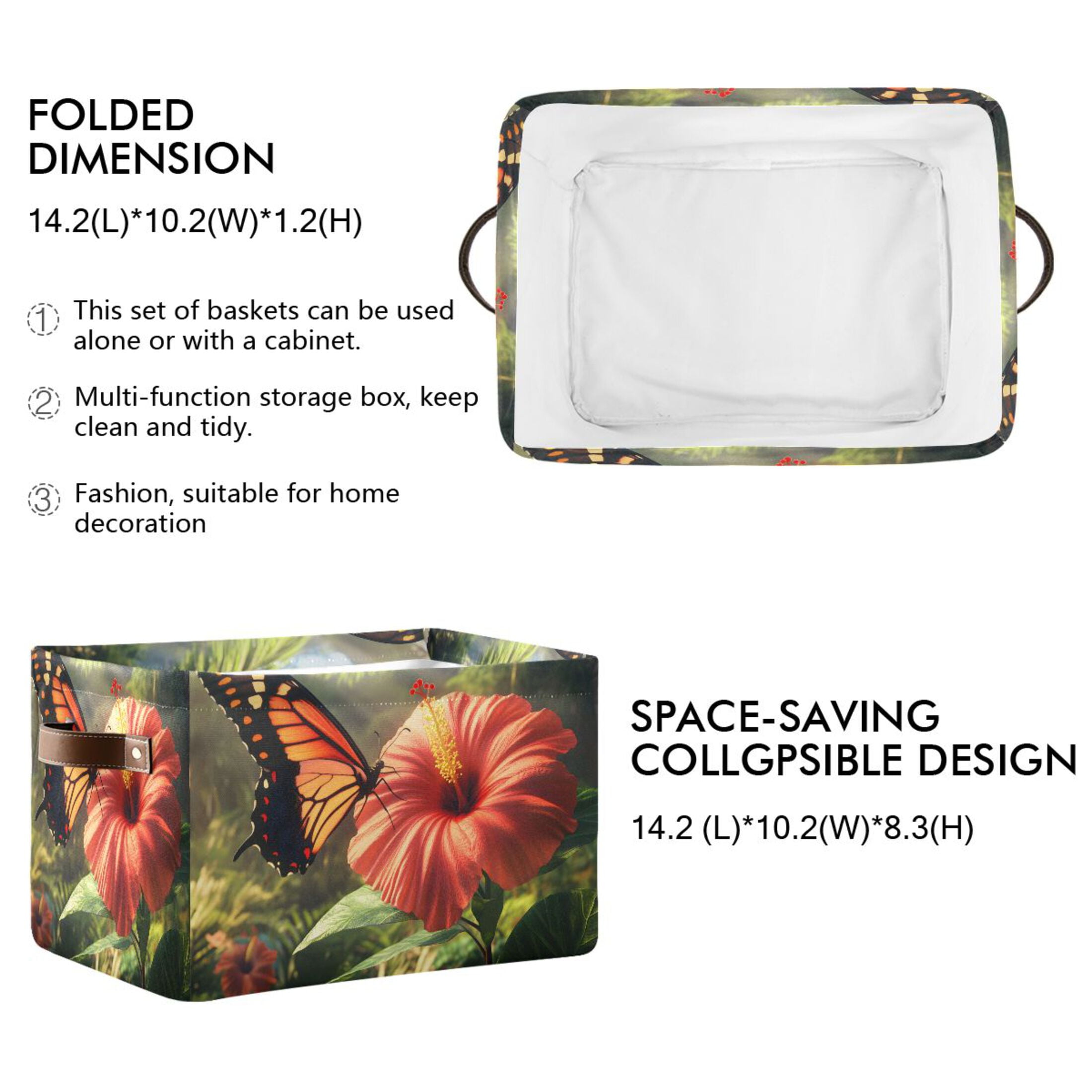 Ryvnso Butterfly on Flowers Storage Basket Large Bin Foldable Boxes Toys Organizer 14.2x10.2x8.3in 2 PCs