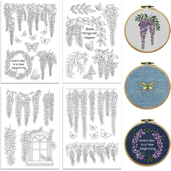 Colorful Water Soluble Embroidery Patterns for Beginners Wisteria Vines and Butterflies 4 Sheets with 19pcs Wash Away Stick and Stitch Embroidery Pattern Stabilizer for Hand Sewing Women Adults